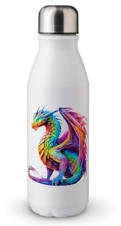 MAXIKIWI Einwandige Wasserflasche mit Schraubverschluss, nicht isoliert, leichtes Aluminium, BPA-frei, auslaufsicher, bunte Drachen-Aquarell, 500 ml