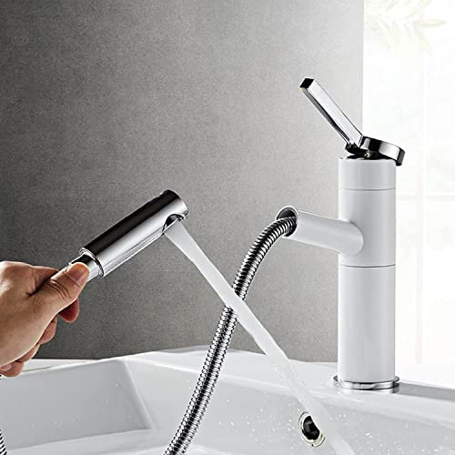 Wasserhahn Bad für Waschbecken Ausziehbar Einhebelmischer mit Ausziehbar Brause 360° Schwenkbar Weiß + Chrom Niedrig Armatur für Waschbecken Badezimmer Badarmatur Waschbeckenarmatur