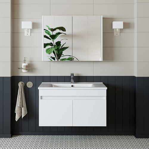 ROOMART • Badmöbel Set • Atria Badezimmermöbel 85 cm • Weiß • Waschbecken mit Unterschrank • Spiegelschrank (Unterschrank mit Waschbecken + Spiegelschrank, 85 cm)