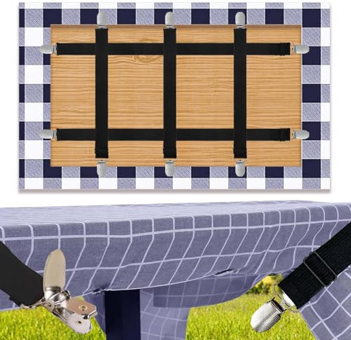 Tablecloth Clips for Outdoor Thick Tables Hidden Strap 5 Pack, Adjustable Elasticity Picnic Table Cloth Holder Clip Large Clamp for Bench Cover Party Restaurant Camping RV Essential Accessory Black