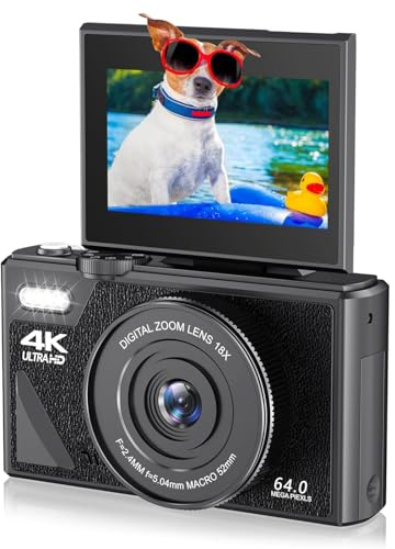 4K Digital Camera, 18X Zoom Camera with 3 Inch Flip Screen, 64MP UHD Autofocus Retro Compact Digital Camera for Travel Photography Vlogging (Black)