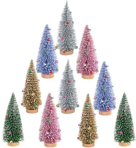 Bigqin 10Pcs Mini Christmas Trees 10cm Artificial Miniature Sisal Christmas Tree with Wooden Base and Colored Beads for Christmas Decor Christmas Party Home Table Craft Decorations (5 Colors)