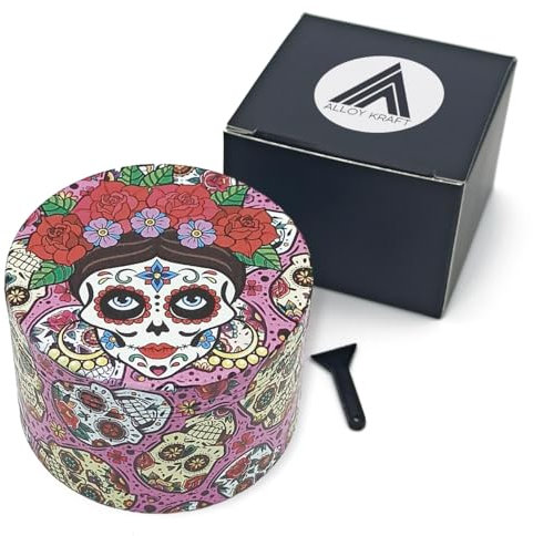 Grinder metal XL 63mm ALLOY KRAFT | Cuchillas Ultra Afiladas con Impresión Premium 360º | Grinder Rosa 4 piezas rascador de polen para especias y hierbas | Dibujos calavera mexicana (calavera 3)