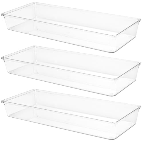 MUKSEUT 3 PCS Clear Plastic Drawer Organizer Trays, Desk Drawer Divider Organizers and Storage Bins, Versatile Bathroom and Vanity Organizer Tray for Bedroom, Kitchen, Office, Makeup, Jewelries