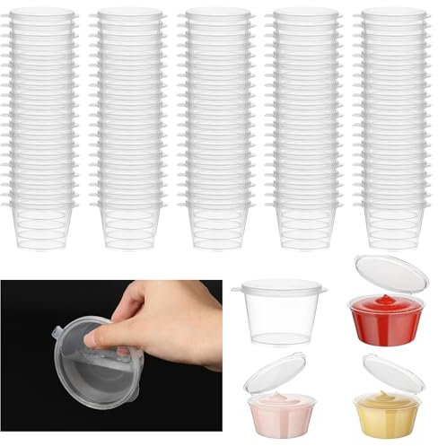 100 Stück Aufbewahrungsdosen Deckel 1oz Kleine Dosen Plastik Wiederverwendbar Mikrowellengeeignet Frischhaltedosen für Soßen Dips Gewürze Ketchup Salate Jello Shot 25ml