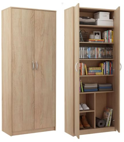 Home Collective Mehrzweckschrank mit 8 Fächern Besenschrank Haushaltsschrank in mattem Finish mit 6 Einlegeböden und 2 Türen, 74 cm breit aus Laminatplatte und hochwertigen Polymergriffen Sonoma