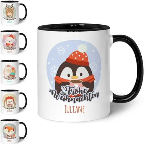 GRAVURZEILE Bedruckte Weihnachtstasse - Weihnachtstiere - Personalisiert mit Name - Frohe Weihnachten - Weihnachtsdeko - Geschenk für jungen und Mädchen zu Weihnachten - Schwarz & Weiß