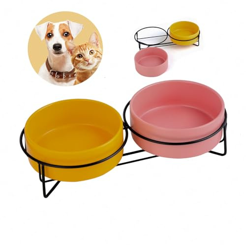Erhöhter Hundenapf aus Keramik mit Napfständer, 2er Set Futternapf Hunde Erhöht für Fressnapf und Wassernapf, Nackenschutz Design, Hund Napfset für Katzen, kleine Hunde und Welpen, 400ML (Rosa+Gelb)