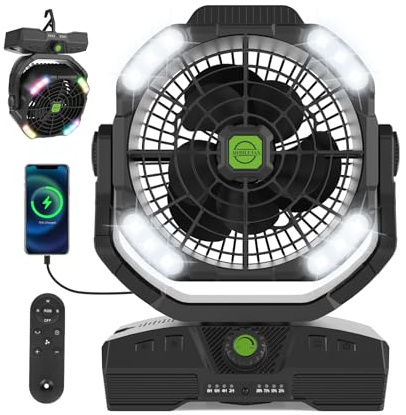 RUNTOP 20000mAh Rechargeable Oscillation Camping Fan with LED Lantern, Battery Operated, 4 Speeds, Remote Control, Black, Modern, Portable, Tabletop, Outdoor, Personal USB Desk Fan