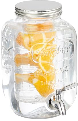 Relaxdays Getränkespender mit Fruchteinsatz, Limobehälter 4 L, Zapfhahn & Deckel, Bowlegefäß, Glas, Metall, transparent | Zapfhahn & Deckel, Bowlegefäß, Glas, Metall