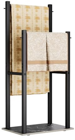 Yawinhe Porte Serviettes sur Pied, Organisateur en Métal avec 2 Barres, Accessoires de Salle de Bain, pour Couvertures, Vêtements, 39x26x80cm, Noir, SMJ002B