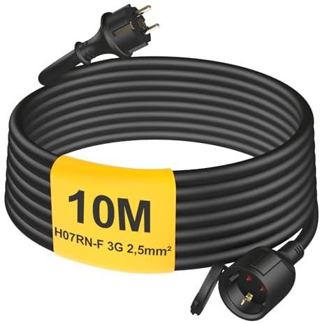 HUARUI Cavo di prolunga per esterni, 10 m, con tappo di protezione, H07RN-F 3G, 2,5 mm², cavo di alimentazione in gomma con spina Schuko per esterni IP44, cavo elettrico esterno, 3500 W, 16 A, 250 V