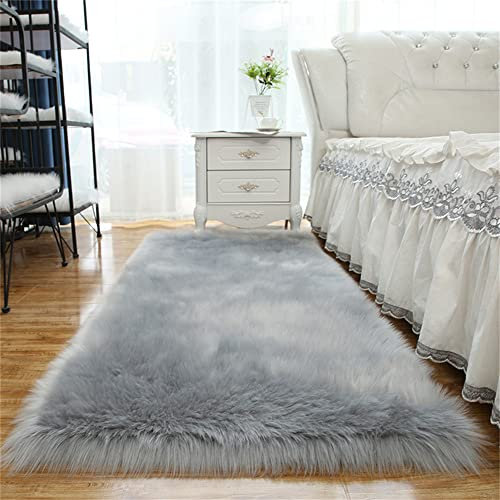 Tappeto morbido in finta pelle di pecora, a pelo lungo, lavabile, antiscivolo, per camera da letto, soggiorno, divano, comodino, decorazione per la casa, grigio, 80 x 160 cm