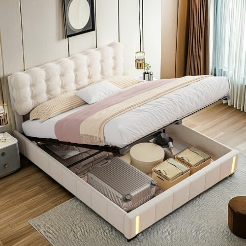SHAODENG Polsterbett 140x200 mit Bettkasten, Bett mit LED Beleuchtung, Doppelbett Jugendbett mit Stauraum und Kopfteil, Funktionsbett Gästebett Bettgestell, ohne Matratze, Beige