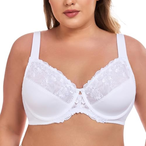 Ayigedu UK Women's Underwire Bra Lace Non Padded Plus Size Full Coverage Minimizer Bras White 42-D