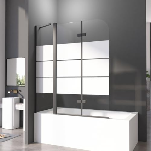 Duschwand für Badewanne 160 x 140 cm 2-teilig Faltbar Gestreift Duschtrennwand mit Stabilisator und Festteil Duschabtrennung 6mm Nano Glas Schwarz Badewannenaufsatz
