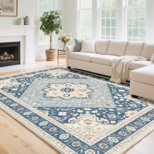 HiChiclife Tappeto per soggiorno, 160 x 230 cm, blu, lavabile e antiscivolo, stile orientale, vintage, di grandi dimensioni, per soggiorno e sala da pranzo, facile da pulire, a pelo corto
