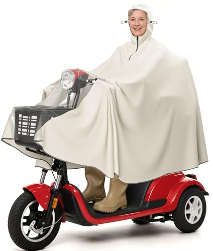 [S] Mobility Scooter Cape/Poncho/Rain Cover, For Scooters & Wheelchair, Waterproof & Warm, Cover Your Feet and Calves, Adjustable Hood with Elastic String Toggles (beige, S)