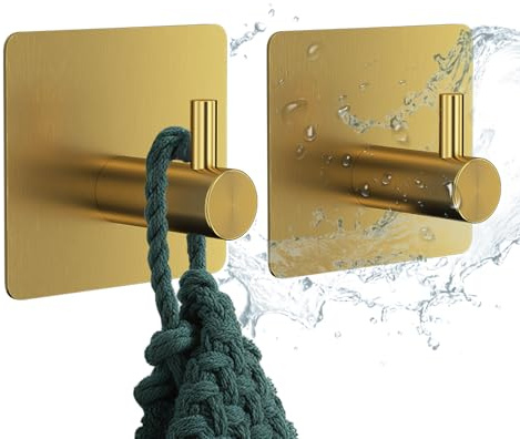 Mandouer Handtuchhalter Ohne Bohren Gold, Klebehaken Extra Stark | Edelstahl Wandhaken selbstklebend, wasserfest und rostfrei, hält bis zu 6kg, für Bad, Toilette und Küche (2 Stück)