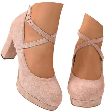 Pompes Pour Femmes, Croisé Cheville Chaussures À Talons Avec Des Sangles De Chaussures De Danse Élégantes Chaussures Basses À Bout Fermé Ballerine À Talons Hauts Pour Mariages,Rose,39 EU