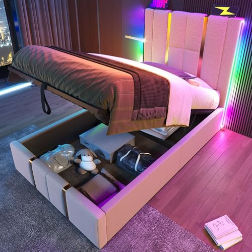 RIAZOS Polsterbett 90x200 cm, Hydraulisch Stauraumbett, Einzelbett mit USB Type C Ladefunktion, Kopfteil mit LED, Jugendbett Erwachsenenbett, Leinen, Beige, ohne Matratze
