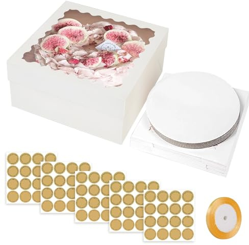 Tortenbox - 5Stk Tortenkarton Hoch Kuchenbox 30 × 30 × 20cm mit Sichtfenster + 5 Cake Board, 1Band &5 Aufklebern, Tortenschachtel Kuchen Karton Transport Torten Verpackung Weiß Kuchenbehälter