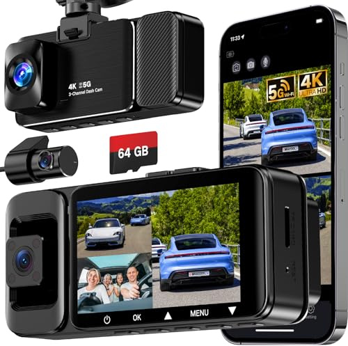 Dashcam 3 Kanal, Dashcam Auto Vorne Hinten Innen 170°/150°/150° Weitwinkel-Sichtfeld, 4K Dash Cam mit Kostenloser 64-GB-Speicherkarte, Nachtsicht, G-Sensor, Loop-Aufnahme, 24H Parküberwachung