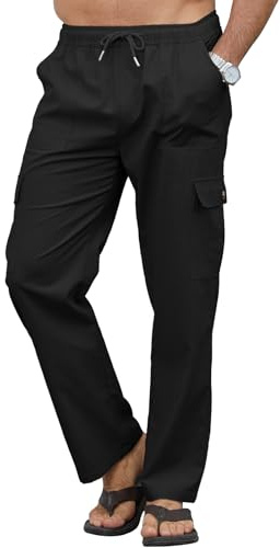 Aisprts Pantaloni Cargo Uomo Estivi in Lino Pantaloni Uomo Estivi Leggeri con Tasche Laterali e Vita Elastico, Comodi e Versatili per Estate e Viaggi, Nero, XXL