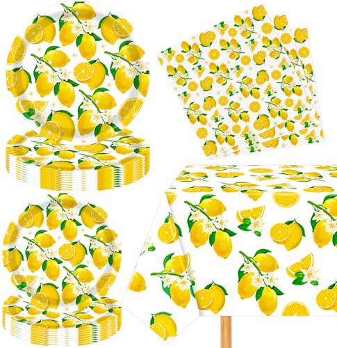 61 unidades de decoraciones para fiestas con temática de limones. Artículos para fiestas de cumpleaños con temática de limones. Vajilla temática para fiestas prenatales. Para 20 comensales.