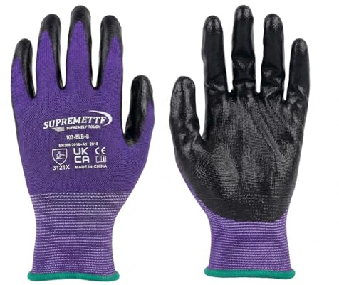 Supreme TTF 12 Pairs Nitrile Coated Purple Nylon Safety Work Gloves Builders Gardening Grip (Small-7)