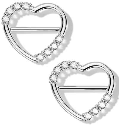 OUFER 2PCS Clicker 14G Herz Brustwarzenpiercing, 14 mm Rosegold Nippelpiercing aus 316L Chirurgenstahl mit Klarem CZ, Nipple Bars Nippelschmuck für Frauen