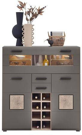 möbelando Barschrank Kathlin von freiraum – Modernes Highboard mit LED-Beleuchtung, Flaschenregal & FSC-Zertifikat – 120x129x37 cm (Viking Eiche/Basalt matt)