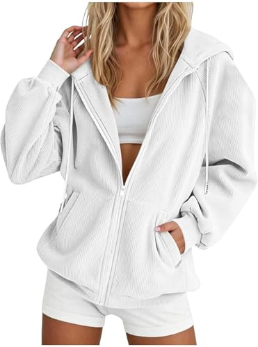 Huvtröja med dragkedja för kvinnor långa ärmar överdimensionerad komfort huvtröja jackor, Vitt, 3XL