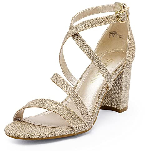 DREAM PAIRS Women's Ankle Strap Dress Heeled Sandals for Low Chunky Block Heels Madison,Size 7,Gold/Glitter,Madison