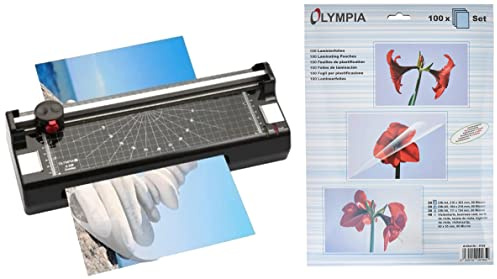 Olympia 3 in 1 A 240 Combo Laminiergerät (Schneidemaschine, Eckenrunder) schwarz & Olympia Laminierfolienset DIN A4, A5, A6 und Visitenkarten, 80 Mikron, glänzend, 100 Stück, 9165