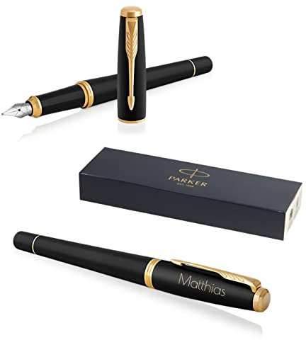 PARKER Urban Füllfederhalter mit Gravur | Premium Stift | Geschenkbox | blaue Tinte | personalisiertes Geschenk | Namen | graviert | Füller | Geburtstag | Geschenkidee (Muted Black G.C.)