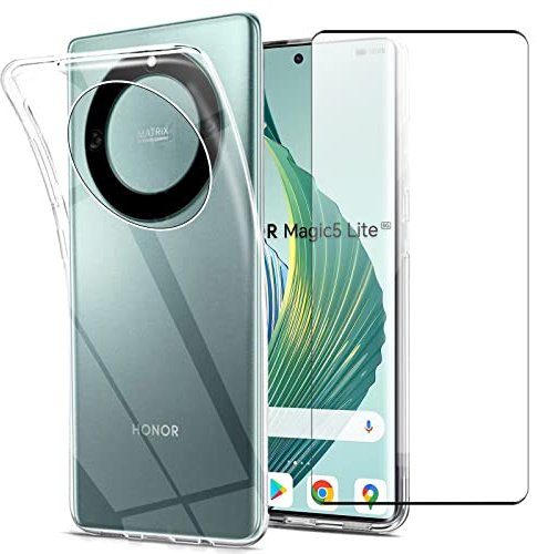 GEJEFA Funda para Honor Magic 5 Lite 5G con Protector de Pantalla, Transparente Carcasa de Silicona Anti-Choque TPU Bumper Funda y Protector para Honor Magic 5 Lite 5G