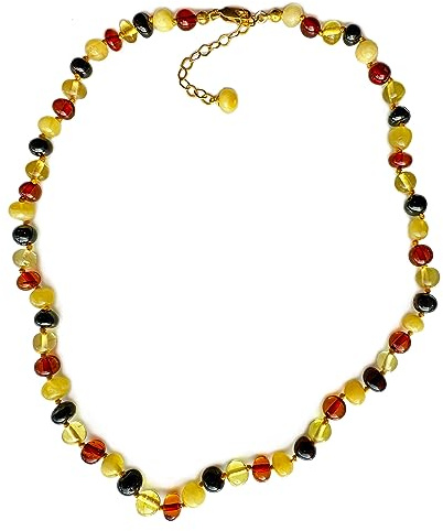 Amberistan Bernsteinkette für Damen mit Silber Verschluss - 43+5cm Verlängerung 100% Echter Bernsteinschmuck Halskette - Kollier Handgefertigt aus Zertifizierter Karibischer Barock Perlen