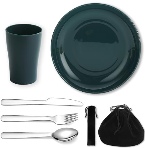 Evanda Set di posate da campeggio 5 pezzi, tazza leggera riutilizzabile, set di posate in acciaio inossidabile e piatto con borsa nera, per campeggio 1 persona, lavabile in lavastoviglie