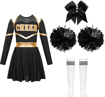Jowowha Mädchen Cheer Leader Cheerleading Kostüm Langarm Crop Tops mit Rock Pompoms Socken Halloween Kostüm Karneval Fasching Party