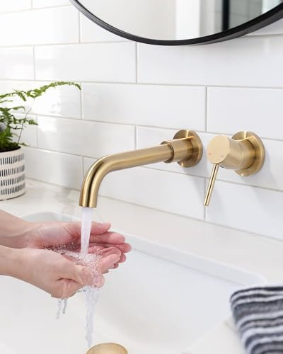 iVIGA Rubinetto per lavabo, orientabile a 360°, montaggio a parete, rubinetto da incasso, lavabo in rame con cartuccia in ceramica, colore oro (Oro)