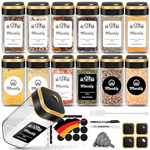 Miorkly Gewürzgläser Eckig 12er mit [Etiketten & Streueinsatz],Gewürzstreuer Glas mit Gold Luftdicht Deckel-Gewürzdosen Set-Gewürze Aufbewahrung & Organizer 120ml-Gewürzbehälter Spice Jars