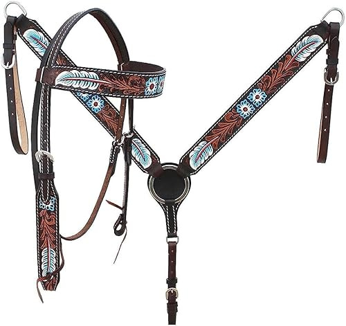 EQUIGEAR Western-Leder-Set mit handgefertigtem Kopfstück und Vorderzeug mit Zügeln. /Size-Full,Cob,Pony AO-0081 (Cob)