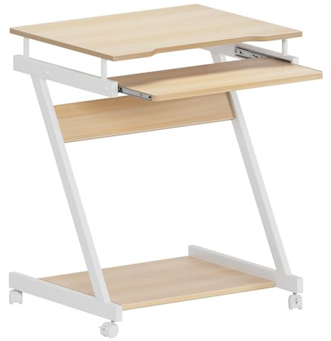 SogesHome Schreibtisch Klein Computertisch mit 4 Rollen 2 Davon mit Bremsen PC-Tisch in Z-Form mit Tastaturauszug für Zuhause und Büro, 60 x 48 cm