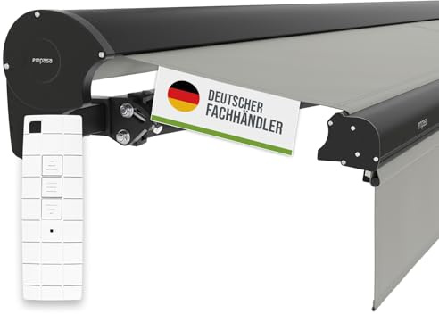 empasa Elektrische Kassettenmarkise 'Expert' Gelenkarmmarkise Markise Sonnenschutz mit manuell ausfahrbarem Volant, komplett vormontiert, Farbe:hellgrau, Größe:5 x 3 m