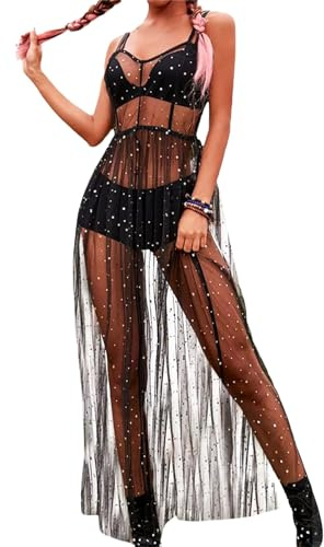 Cleminsta Vestido de Malla Transparente, Vestido Tipo Pareo, Ropa para la Playa de Mujer, Bikini Cover Up, Vestido Malla Negro L, Streetwear Clubwear