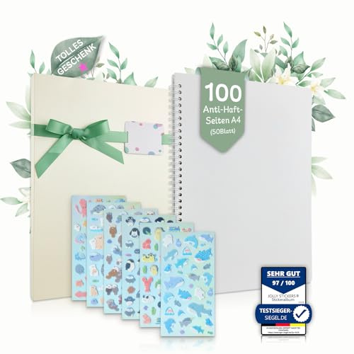 Stickeralbum Geschenkset, 100 leere anti-Haft-Seiten A4, 50 Blatt, glitzernder Geschenkkarton+Schleife+Karte, inkl. 6 Filzstickerbögen m. Meeresmotiven, super Geschenk