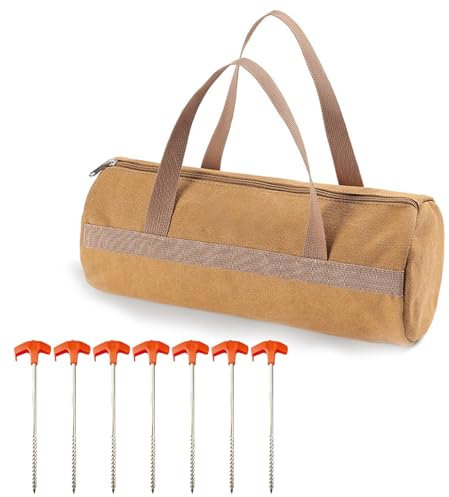 6pcs Zeltheringe Stahl mit Schutzkappe und Tasche, Heringe Erdnägel Stabil Harter Boden Schraubheringe Lange Heringe für Wald, Wiesen, Gras, Sandboden Zelthaken (1 Toolkit & 6 Zeltheringe(25cm))