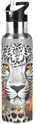 Niigeu Art Léopard Animal Fleur Bouteille d'eau Isotherme avec Paille en Acier Inoxydable Gourde, Sans BPA Gourdes Eau pour Enfant Sport Randonnée École Bureau (600ml/1L)