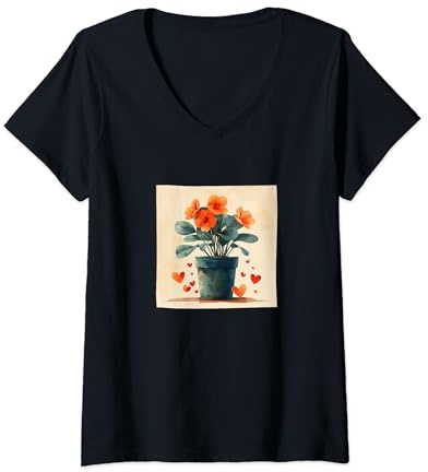 Femme Cyclamen Plante en pot Cottagecore Hearts Graphic T-Shirt avec Col en V